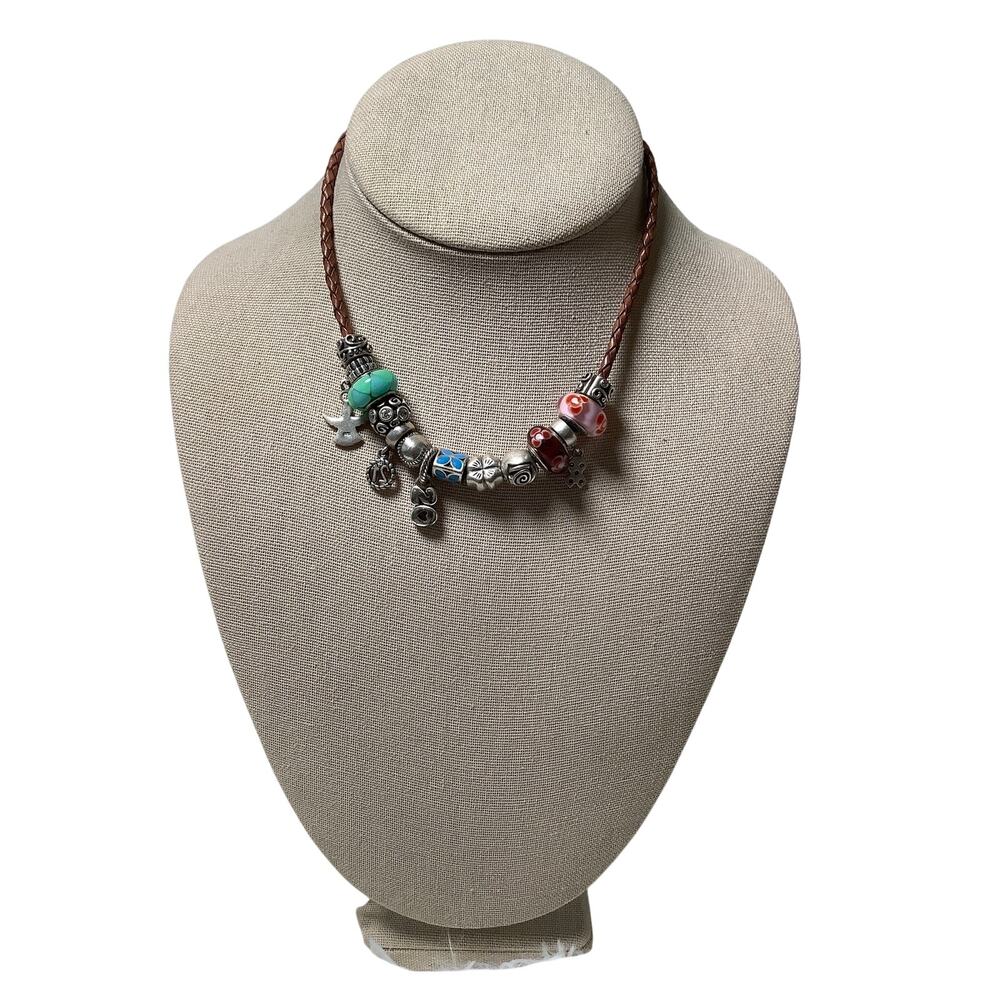Vintage Pandora Braided Leather Sterling Silver Charms Choker Necklace E20-19